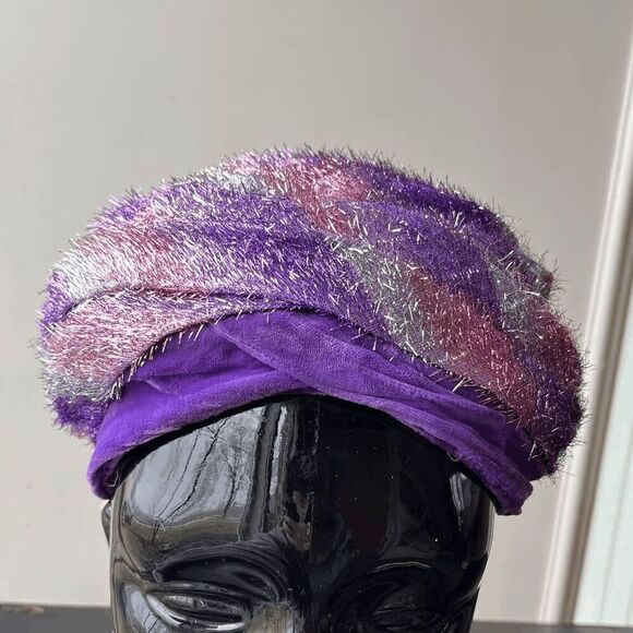 1940s-50s Vintage Purple & Silver Lamé Rose Pillbox Turban Hat | ILGWU Union Mad main image 8